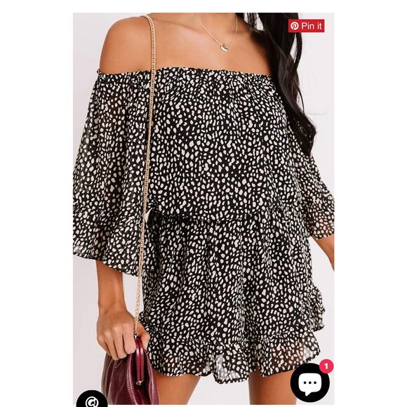 035 ee:some Preston Animal Print Romper Black Cream Off Shoulder Size L - Picture 1 of 6